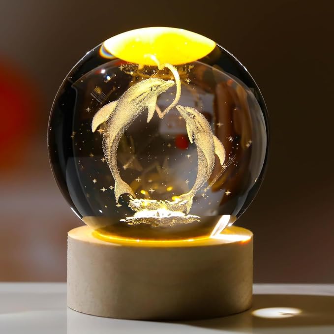 Bawaal 3D Crystal Dolphin LED Night Light with Wooden Base | Laser Engraved Glass Dolphin Figurine | Decorative Crystal Ball & Premium Gift for Boys & Girls