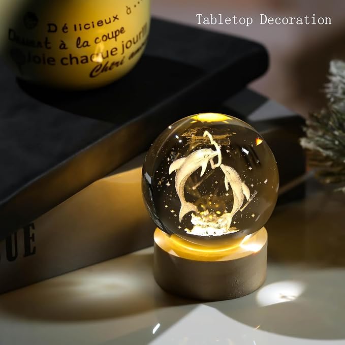 Bawaal 3D Crystal Dolphin LED Night Light with Wooden Base | Laser Engraved Glass Dolphin Figurine | Decorative Crystal Ball & Premium Gift for Boys & Girls