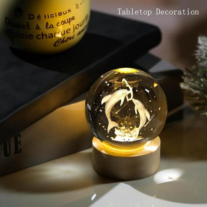 Bawaal 3D Crystal Dolphin LED Night Light with Wooden Base | Laser Engraved Glass Dolphin Figurine | Decorative Crystal Ball & Premium Gift for Boys & Girls