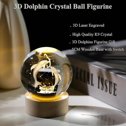 Bawaal 3D Crystal Dolphin LED Night Light with Wooden Base | Laser Engraved Glass Dolphin Figurine | Decorative Crystal Ball & Premium Gift for Boys & Girls