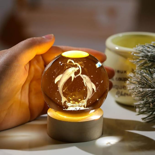 Bawaal 3D Crystal Dolphin LED Night Light with Wooden Base | Laser Engraved Glass Dolphin Figurine | Decorative Crystal Ball & Premium Gift for Boys & Girls