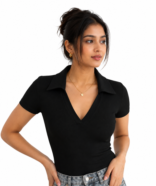 Bawaal Stylish Women’s Black Ribbed Polo Collar V-Neck Top