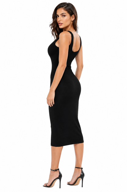 Square Neck High Waist Rib Knit Tank Long Dress