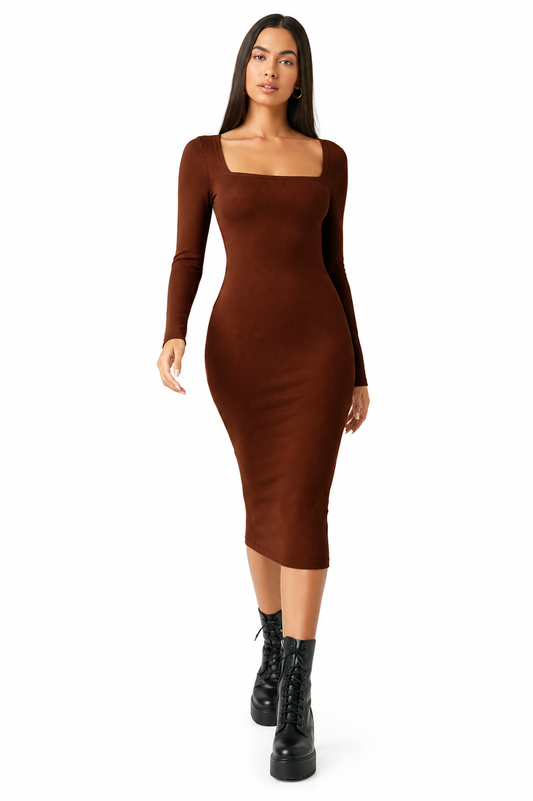 Square Neck High Waist Rib Knit Tank Long Dress.